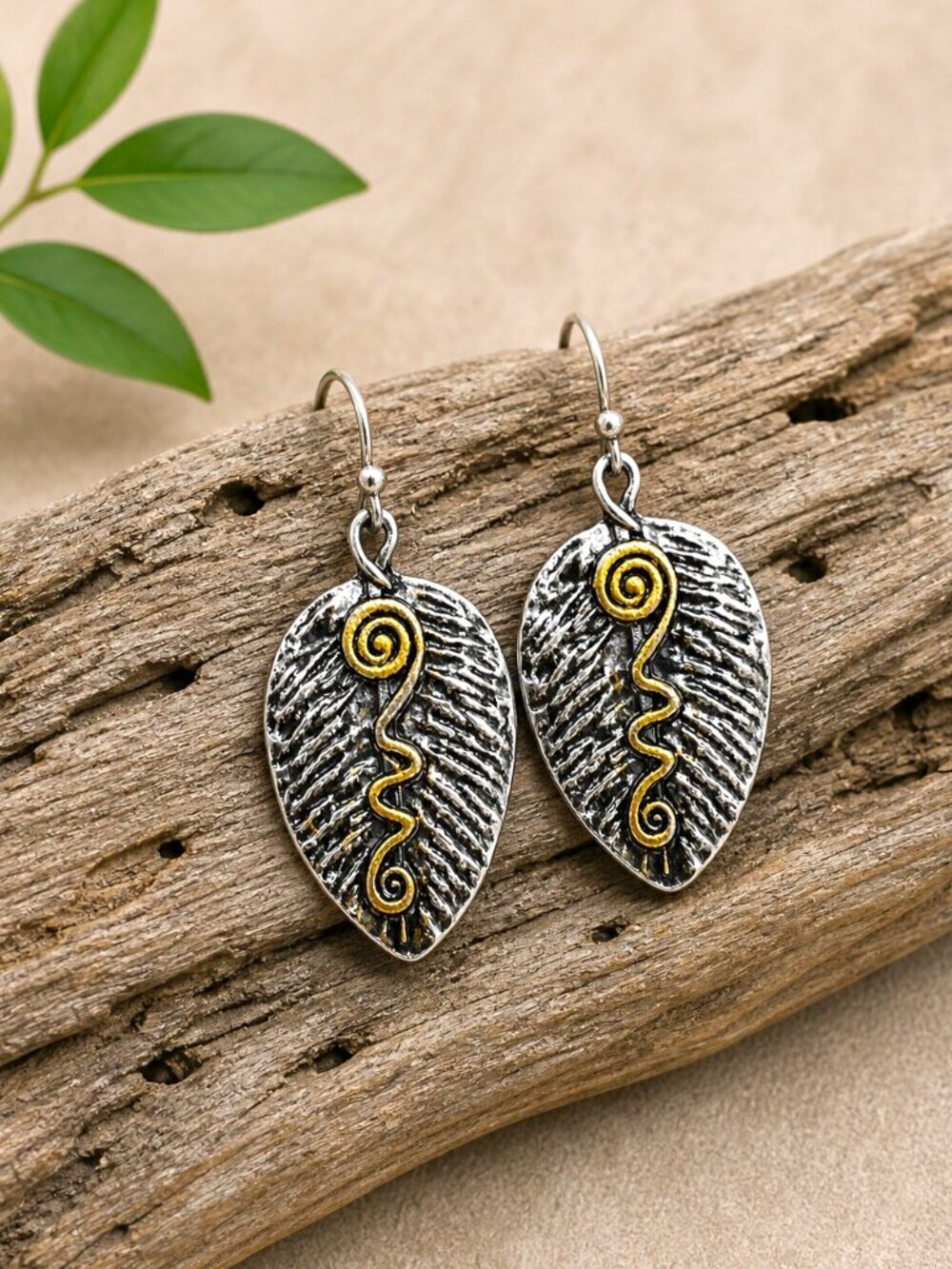 Antique Silver Leaf Drop Earrings with Gold Swirl - Picture 6 of 6